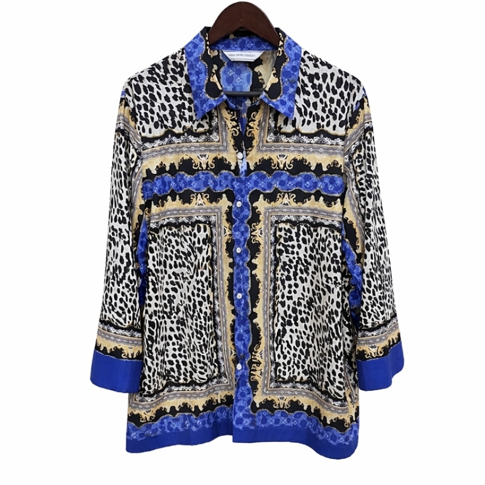 Allison Daley Blue Mixed Baroque Leopard Print Polyester Blouse